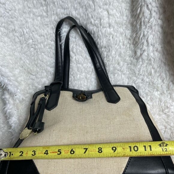 London Fog Beige Canvas shoulder bag with black faux leather straps & trims - Picture 9 of 14